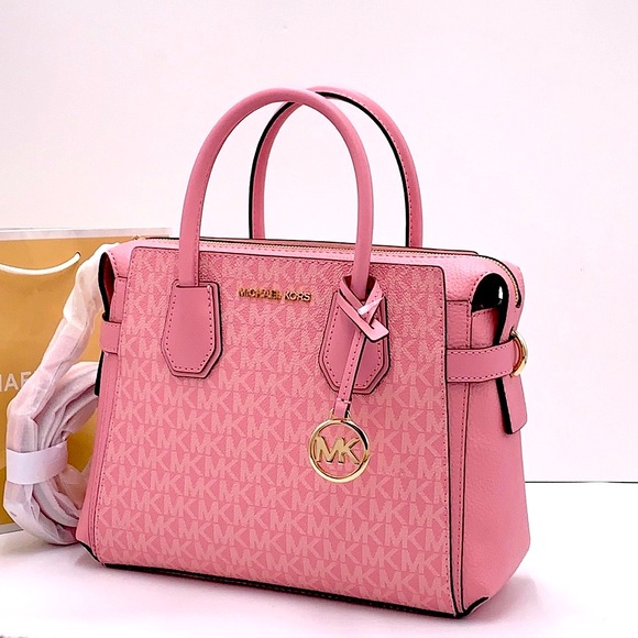 Michael Kors Mercer Small Top Zip Logo Belted Satchel Crossbody Carnation color - Picture 1 of 16